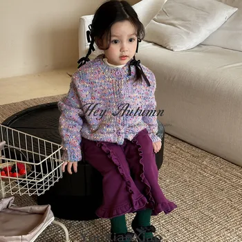 2023 סתיו בנות סתיו חדש סגול סוודר מעיל מתוק קוריאנית מכנסיים סט בגדי ילדים בנות